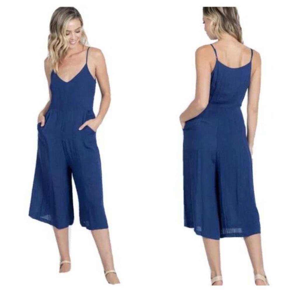 Wide Leg Everly Jumpsuit Spaghetti Strap V-Neck Pockets Small Navy Blue